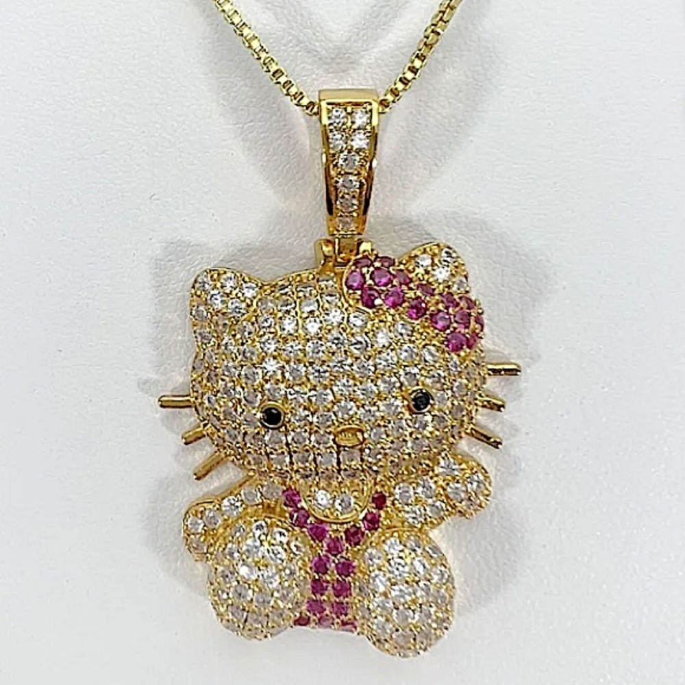 Gold Iced Out Hello Kitty Charm Pendant Necklace 3D Full Body